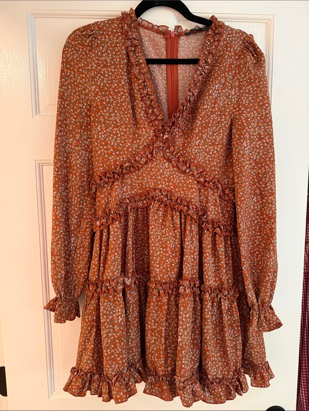 Lulu's Rust Floral Long-Sleeve Ruffle Tiered Dress